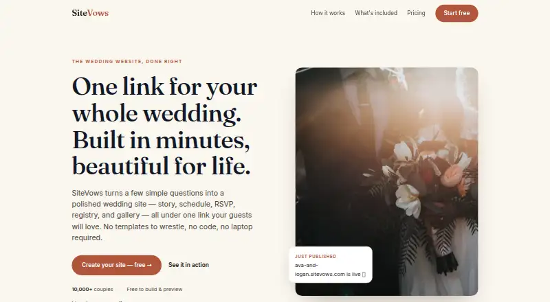 The SiteVows homepage