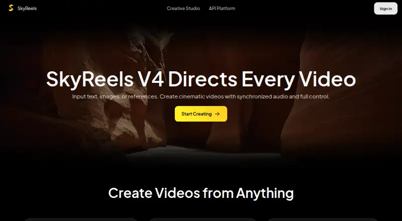 The SkyReels homepage