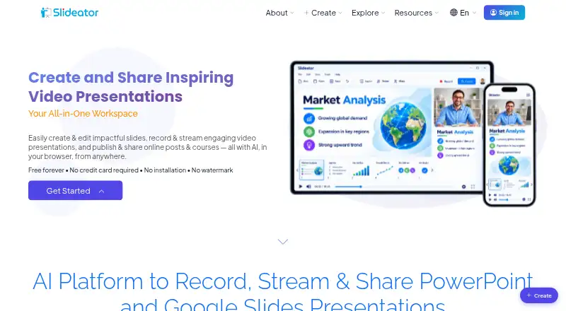 The Slideator homepage