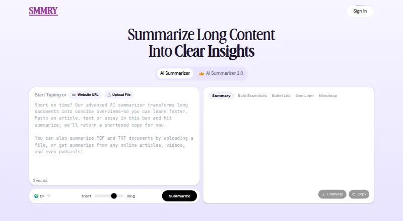 The SMMRY homepage