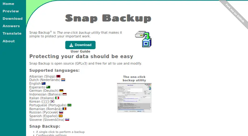 The Snap Backup homepage