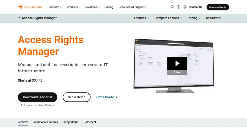 The SolarWinds Access Rights Manager homepage