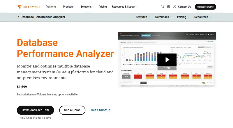 The SolarWinds Database Performance Analyzer homepage