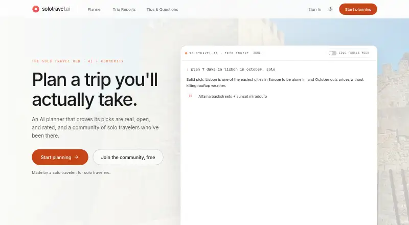 The solotravel.ai homepage