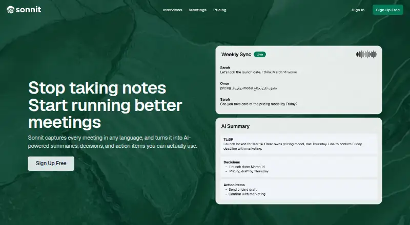 The Sonnit Meeting Assistant homepage