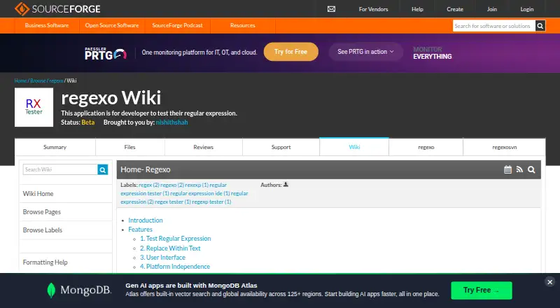 The Regexo homepage