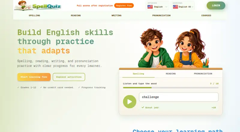 The SpellQuiz homepage