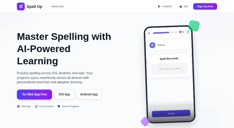 The Spell Up homepage