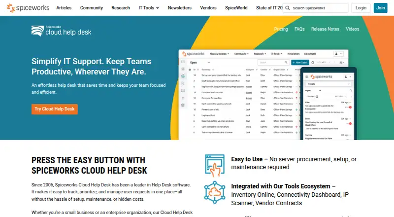 The Spiceworks Cloud Help Desk homepage
