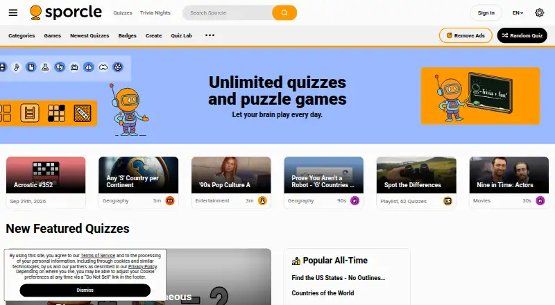 The Sporcle homepage