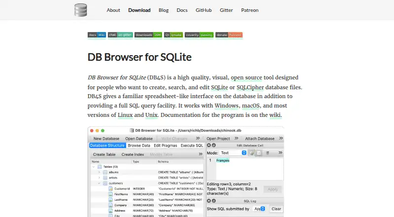 The DB Browser for SQLite homepage