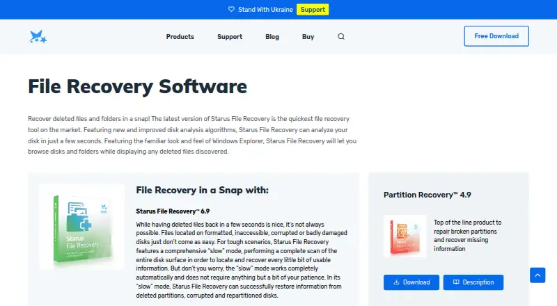 The Starus File Recovery homepage