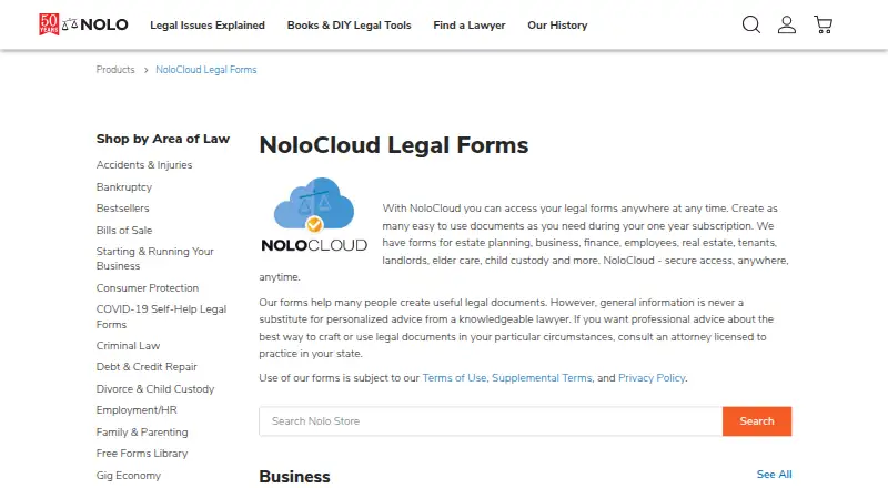 The NoloCloud Legal Forms homepage