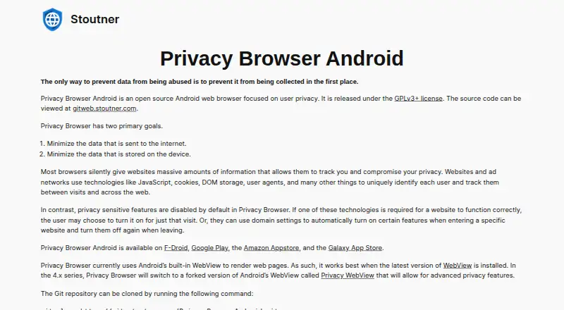 The Privacy Browser Android homepage