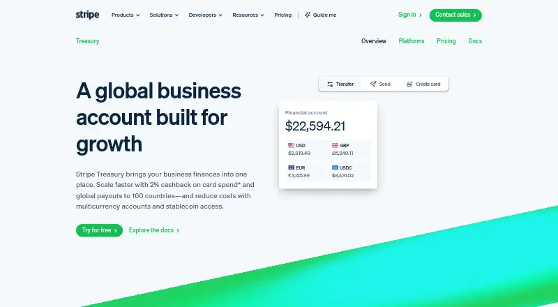 The Stripe Treasury homepage