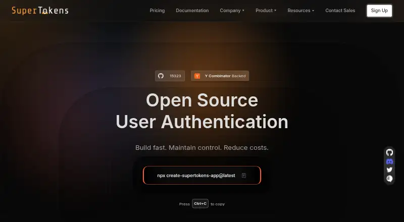 The SuperTokens homepage