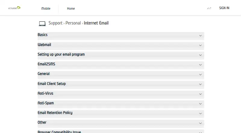 The Etisalat Internet Mail homepage