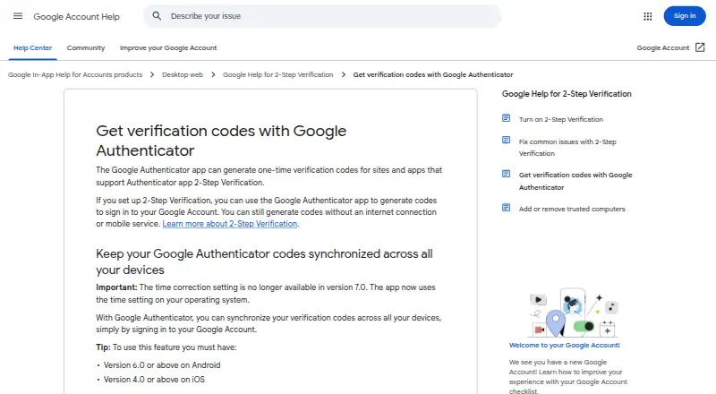 The Google Authenticator homepage
