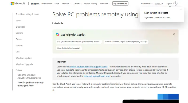 The Microsoft Quick Assist homepage