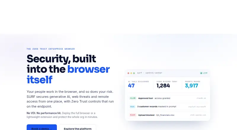 The SURF Zero Trust Enterprise Browser homepage