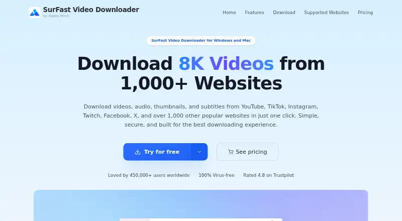The SurFast Video Downloader homepage
