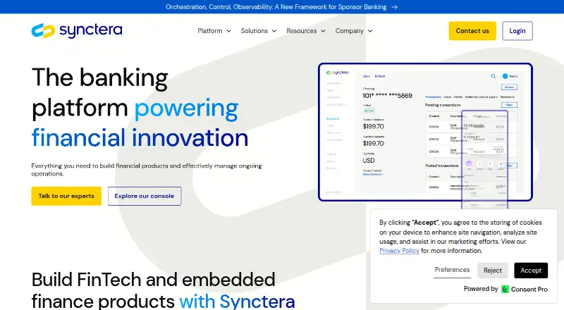 The Synctera homepage
