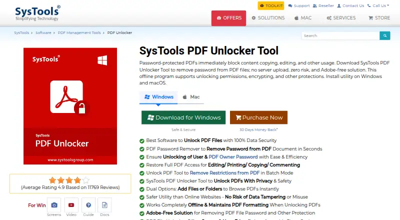 The SysTools PDF Unlocker homepage