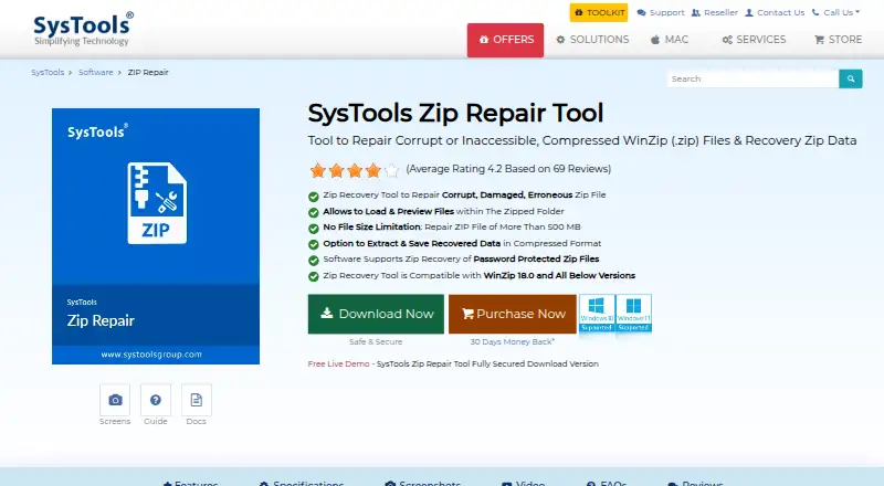 The SysTools Zip Repair homepage