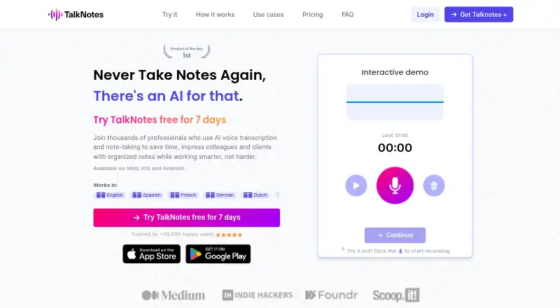The TalkNotes homepage