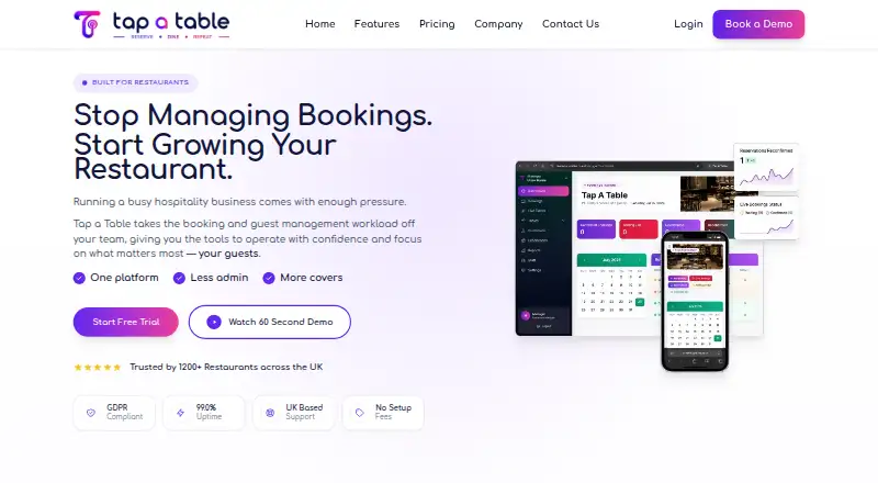 The Tap a Table homepage