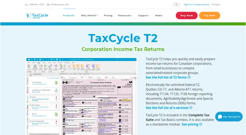 The TaxCycle T2 homepage