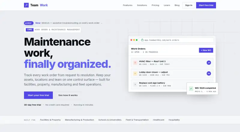 The TeamWork CMMS homepage