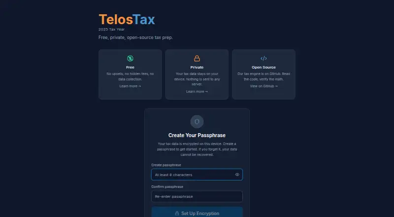 The TelosTax homepage