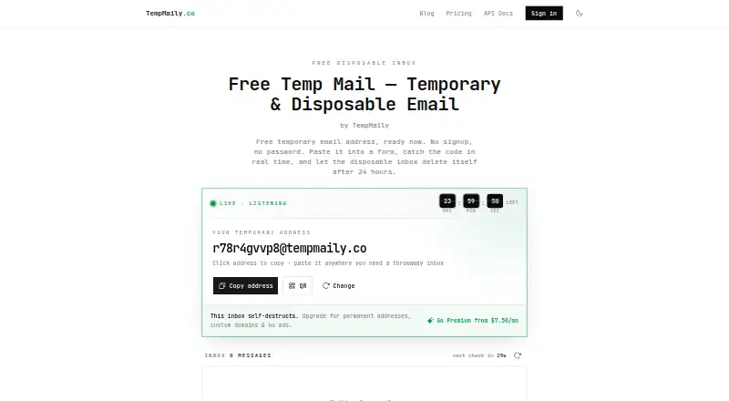 The TempMaily homepage
