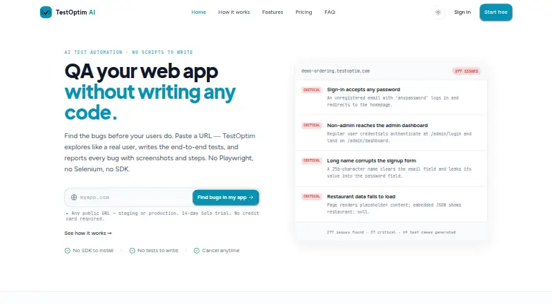 The TestOptim AI homepage