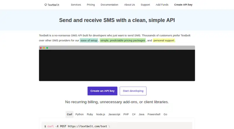 The Textbelt homepage