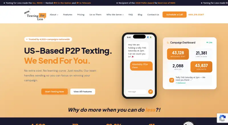 The Texting for Less homepage