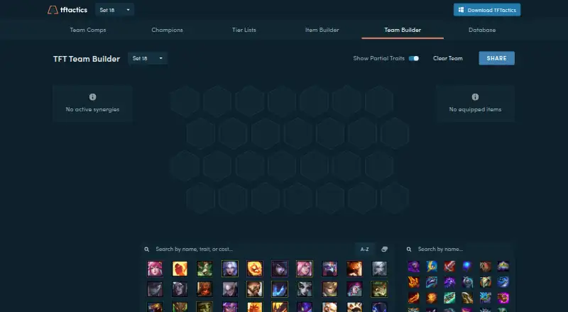 The TFTactics Team Builder homepage