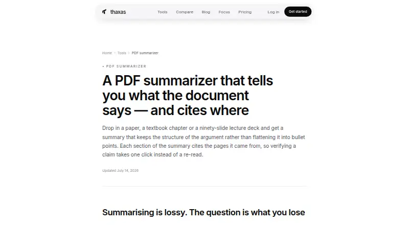The Thaxas PDF Summarizer homepage
