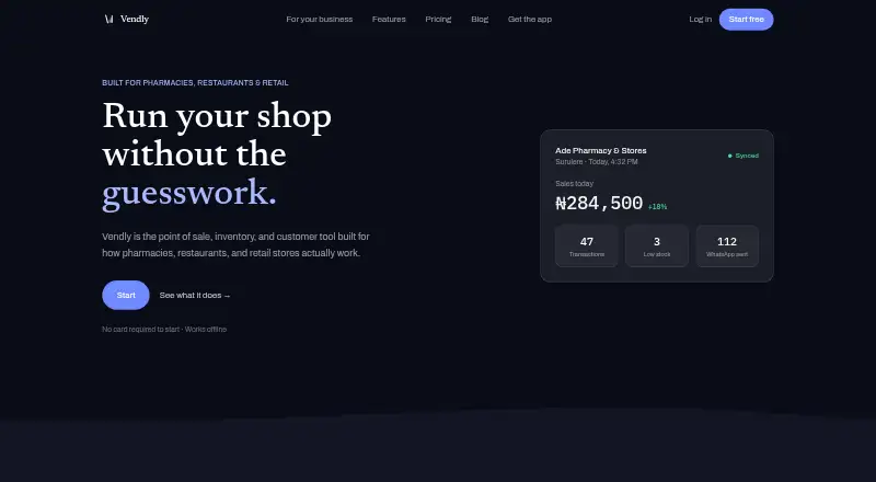 The Vendly homepage