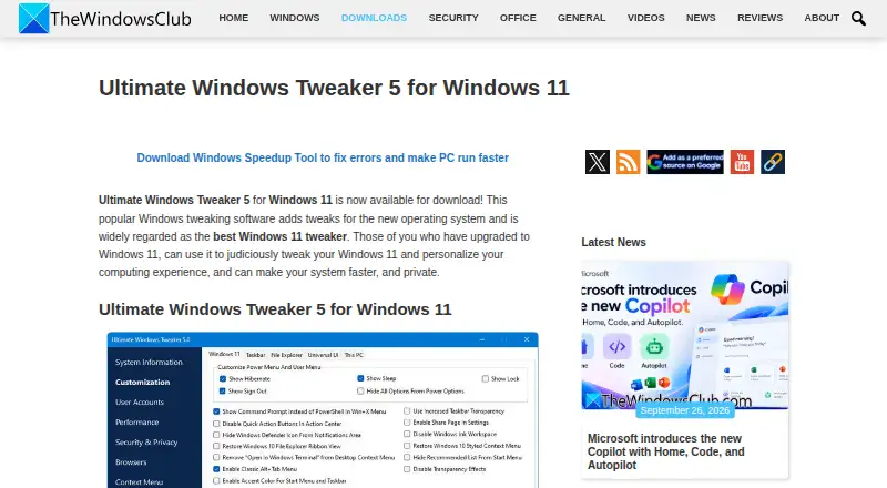 The Ultimate Windows Tweaker homepage