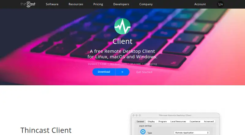 The Thincast Remote Desktop Client homepage