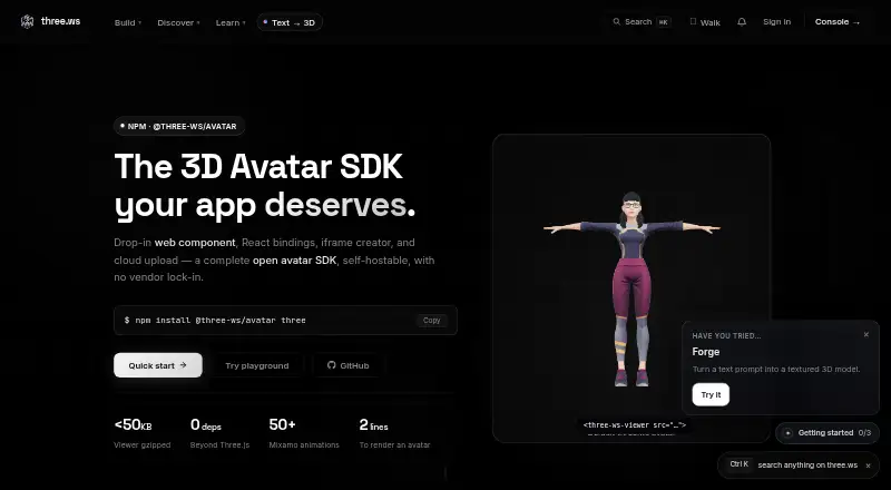 The three.ws Avatar SDK homepage