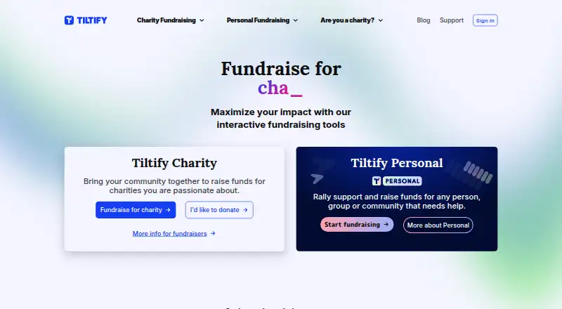 The Tiltify homepage