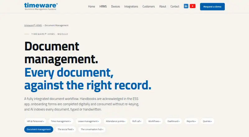 The timeware HRMS Document Management homepage