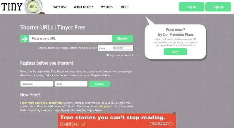The Tiny.cc homepage