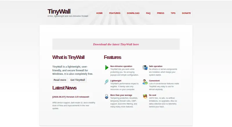 The TinyWall homepage