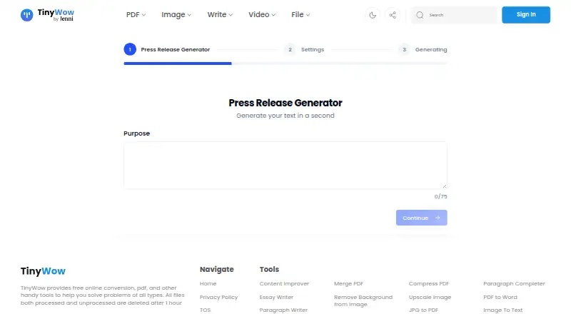 The TinyWow Press Release Generator homepage