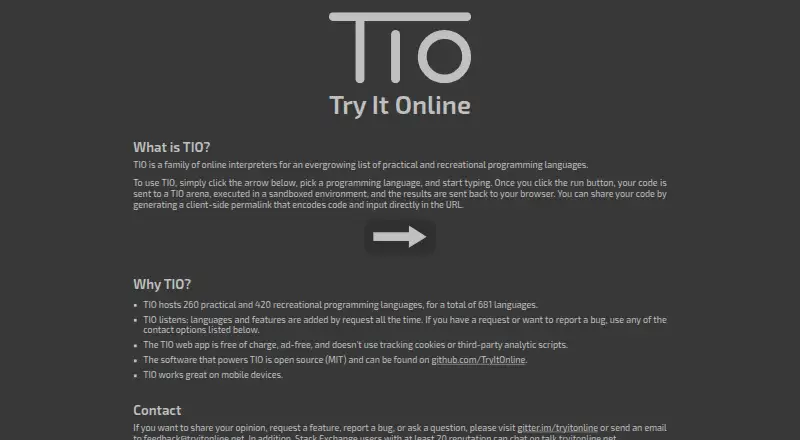 The Try It Online homepage
