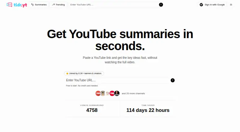 The TLDR YouTube homepage